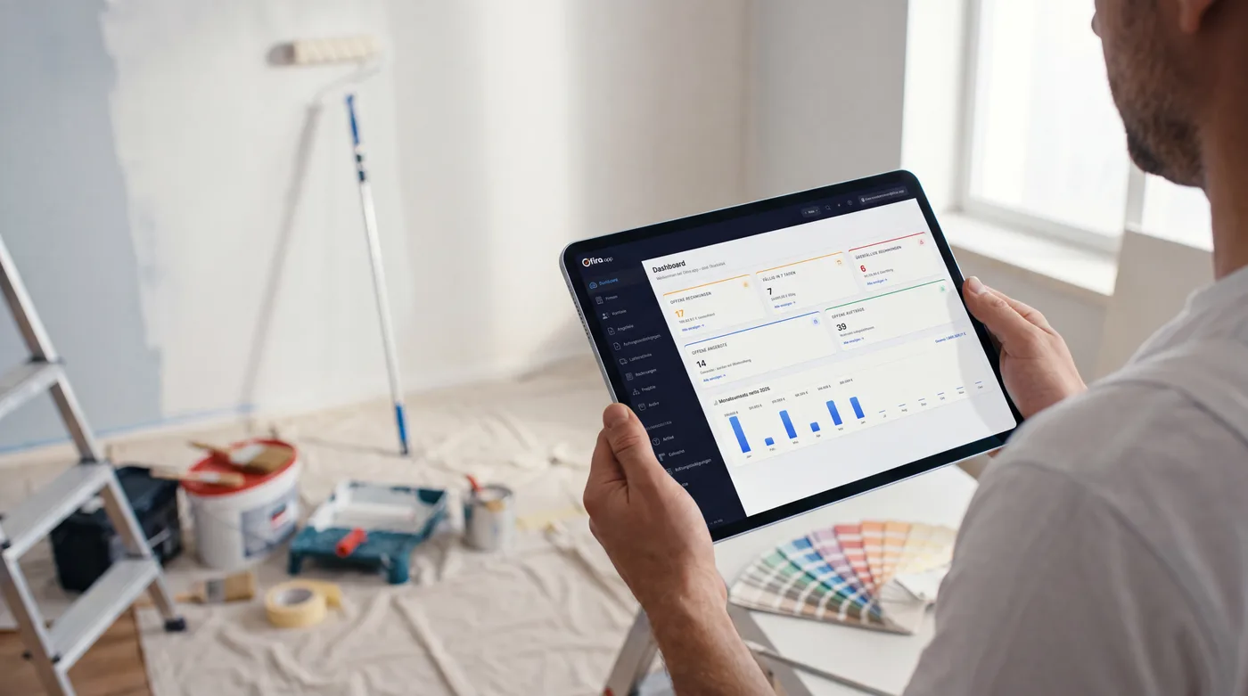 Malerin im frisch gestrichenen Raum prüft den Auftrag auf dem Tablet