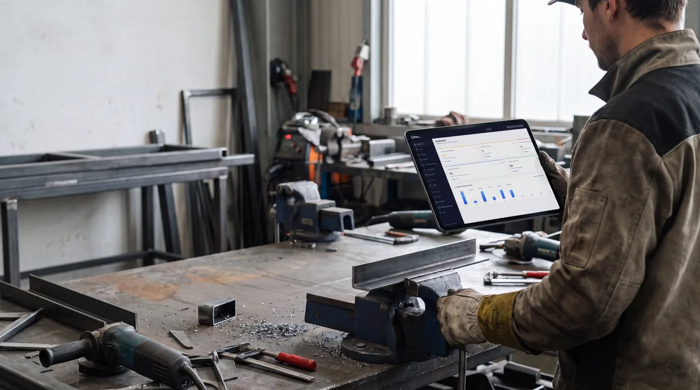 Metallbauer prüft in der Werkstatt den Auftrag auf dem Tablet