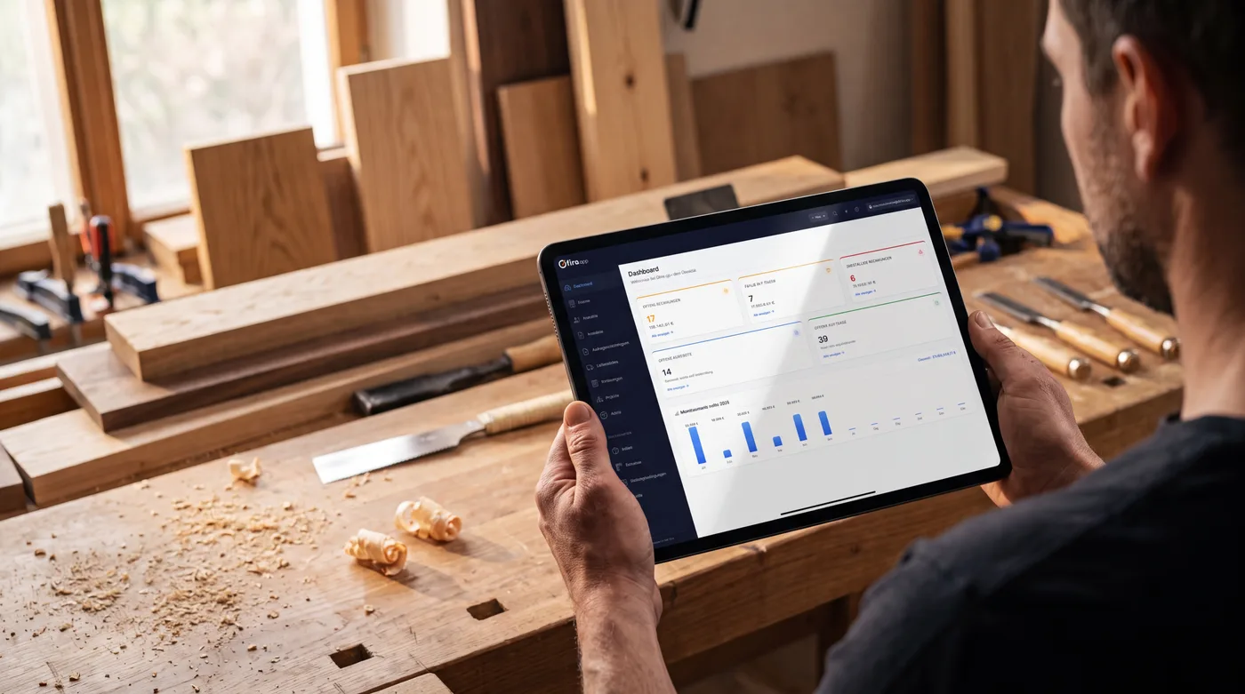 Tischler prüft in seiner Werkstatt das Dashboard von Ofira.app auf dem Tablet