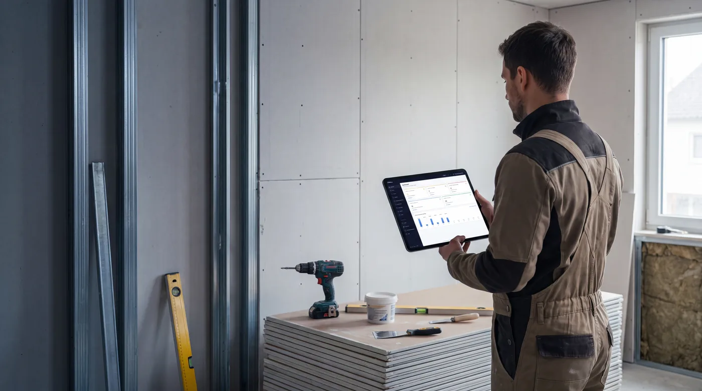 Trockenbauer prüft auf der Baustelle den Auftrag auf dem Tablet