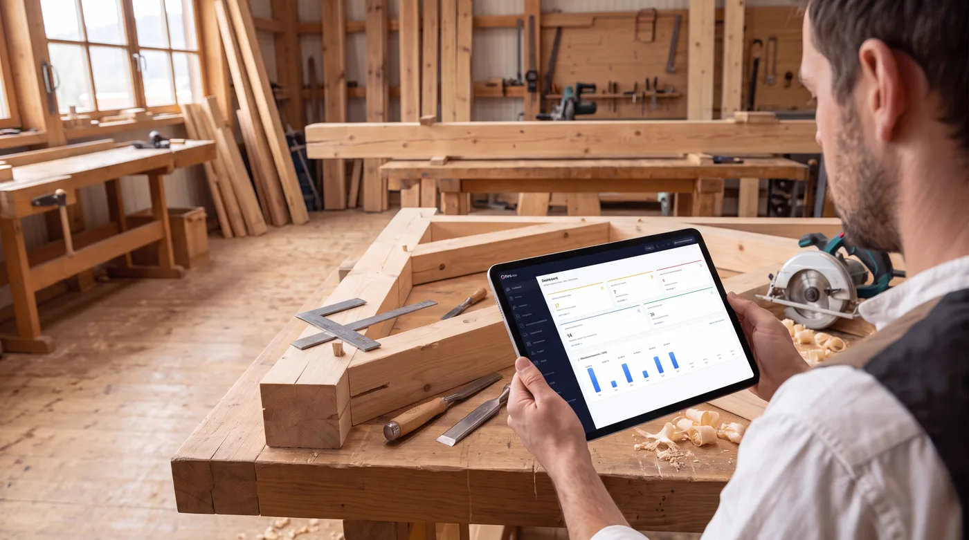 Zimmerer prüft auf der Baustelle den Auftrag auf dem Tablet
