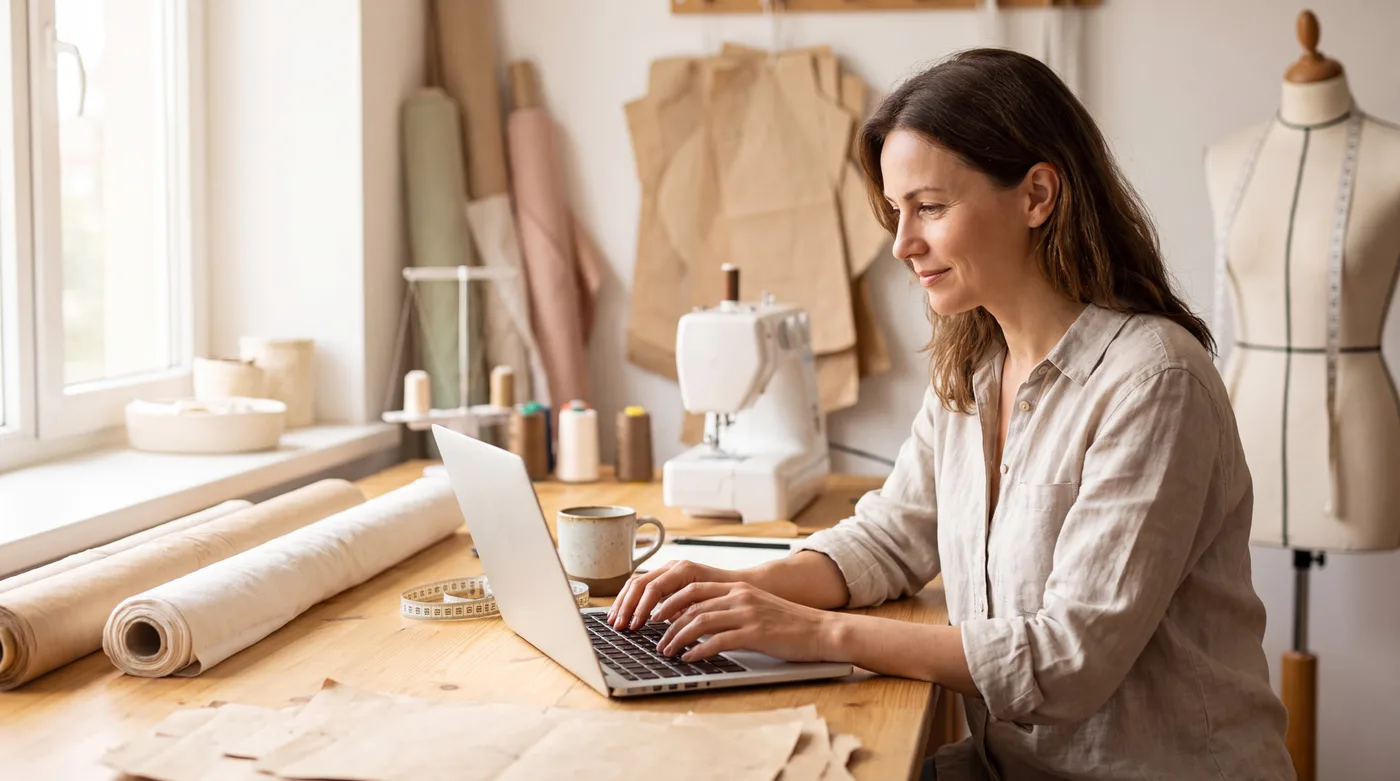 Schneiderin arbeitet am Laptop in ihrem hellen Nähatelier, umgeben von Stoffrollen, Nähmaschine und Schneiderpuppe